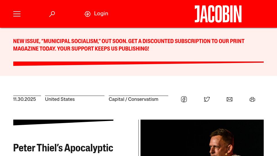 Screenshot of jacobin.com: Peter Thiel's Apocalyptic Worldview Is a Dangerous Fantasy