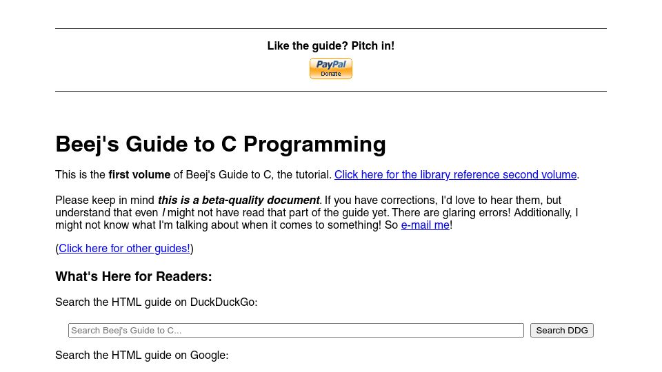 Screenshot of beej.us: Beej's Guide to C Programming