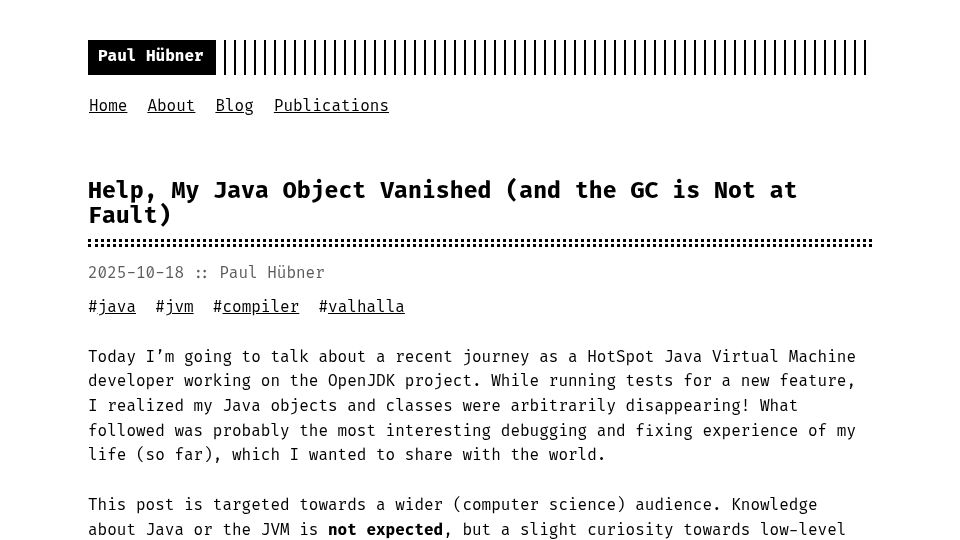 Screenshot of arraying.de: Help, My Java Object Vanished (and the GC Is Not at Fault)