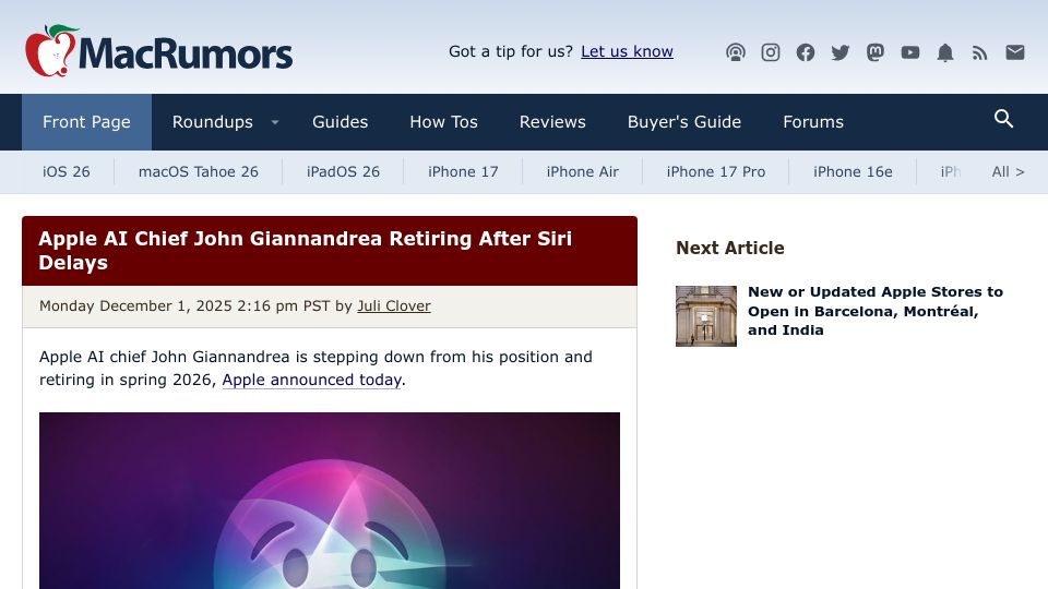 Screenshot of macrumors.com: Apple AI chief John Giannandrea is retiring in spring 2026