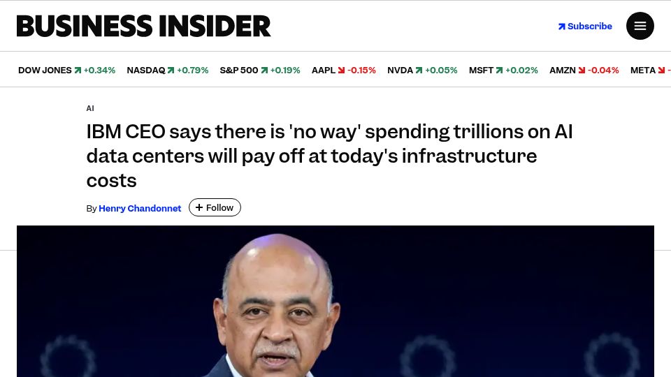 Screenshot of businessinsider.com: IBM CEO says there is 'no way' spending on AI data centers will pay off
