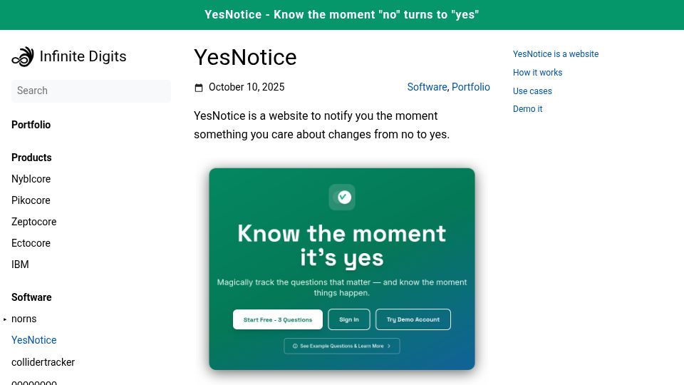 Screenshot of infinitedigits.co: YesNotice