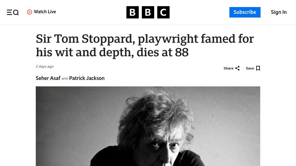Screenshot of bbc.com: Tom Stoppard has died