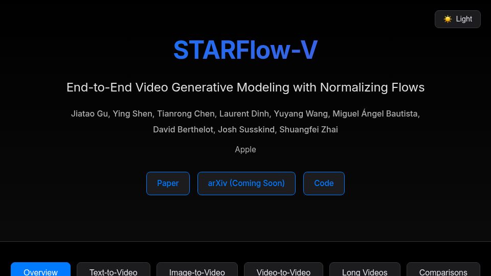 Screenshot of starflow-v.github.io: Apple Releases Open Weights Video Model