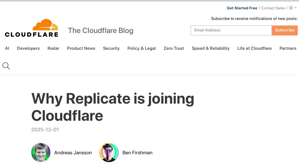 Screenshot of blog.cloudflare.com: Why Replicate is joining Cloudflare