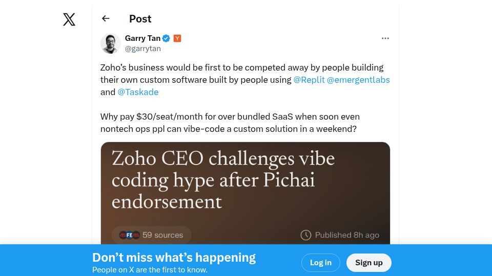 Screenshot of twitter.com: Gary Tan claims Zoho will be out of business due to vibe coding