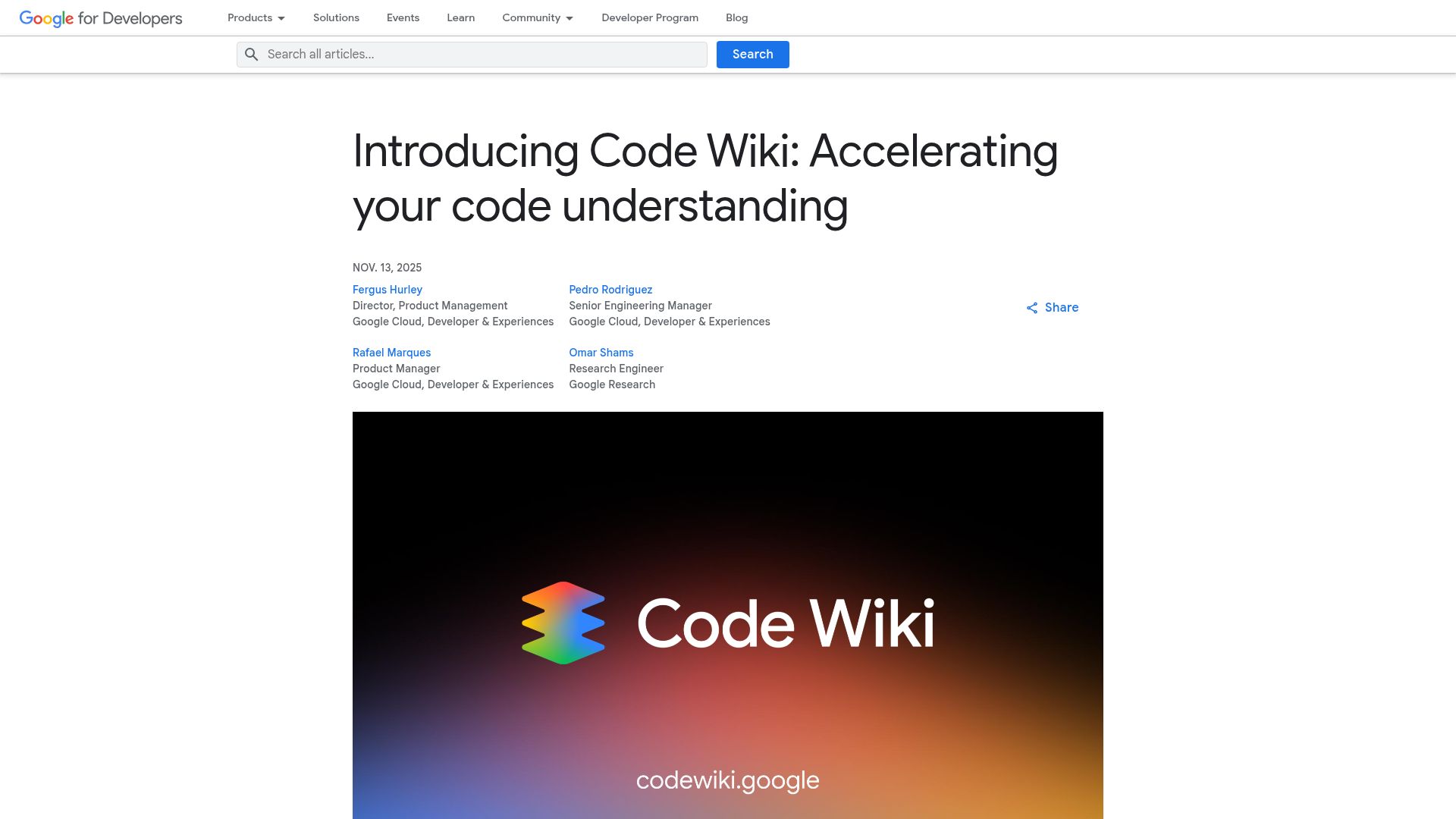 Screenshot of developers.googleblog.com: Code Wiki: Accelerating your code understanding