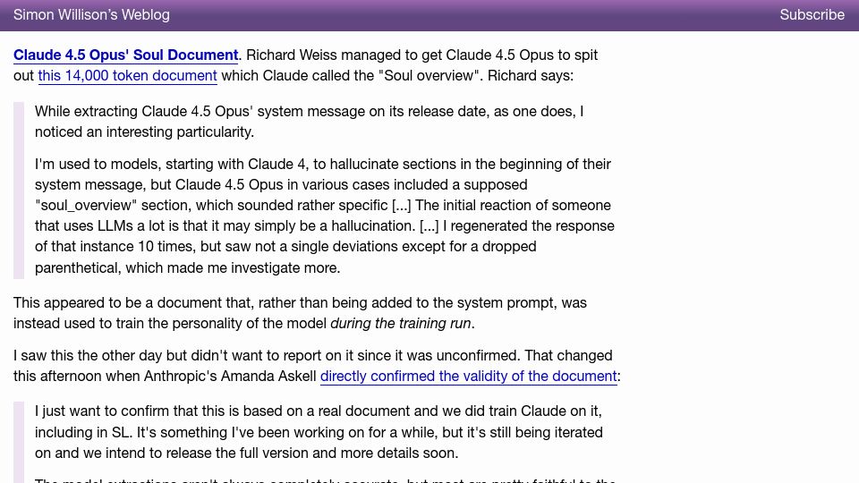 Screenshot of lesswrong.com: Claude 4.5 Opus’ Soul Document