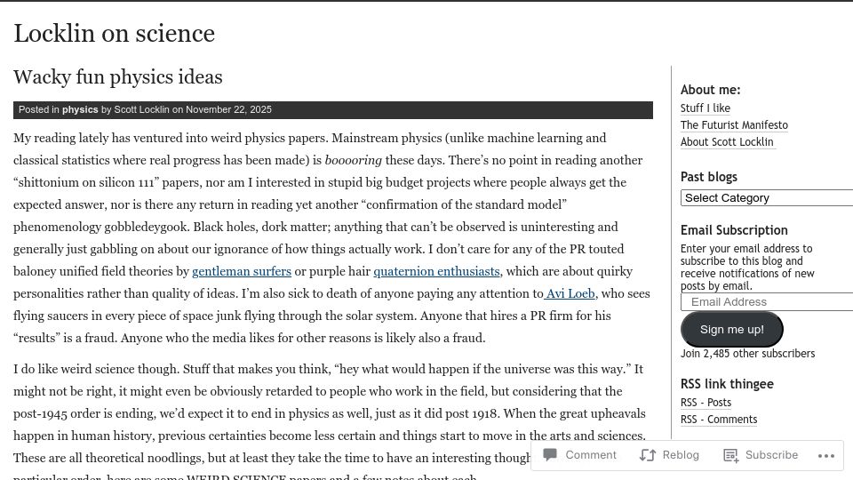 Screenshot of scottlocklin.wordpress.com: Wacky Fun Physics Ideas