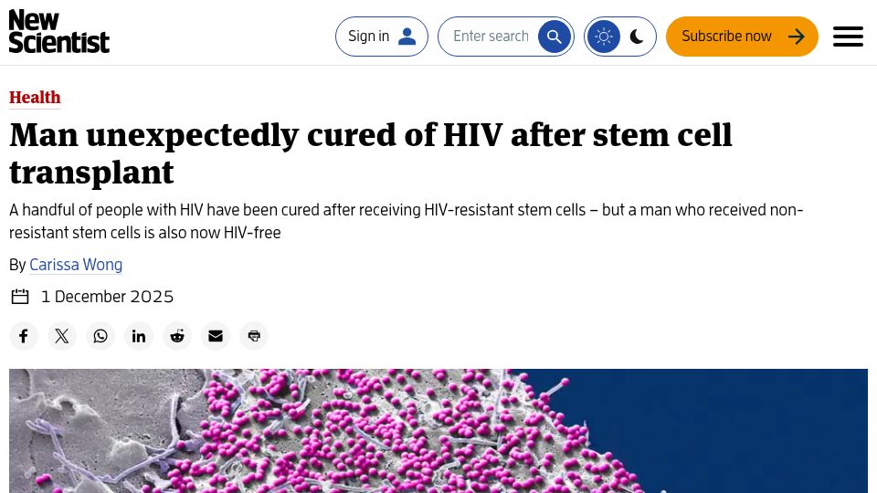 Screenshot of newscientist.com: Man unexpectedly cured of HIV after stem cell transplant