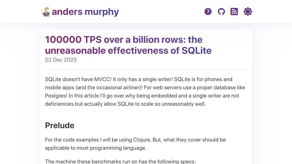 Screenshot of andersmurphy.com: 100k TPS over a billion rows: the unreasonable effectiveness of SQLite