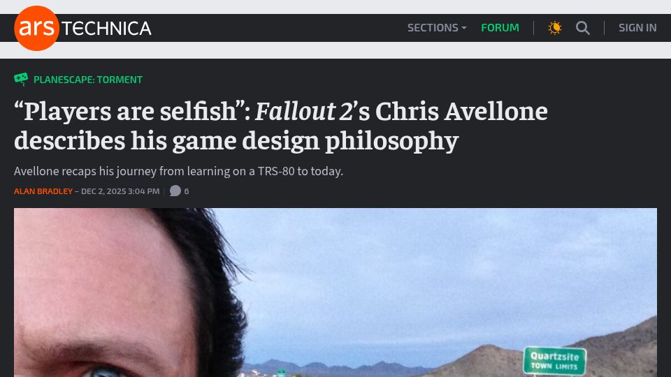 Screenshot of arstechnica.com: Fallout 2's Chris Avellone describes his game design philosophy