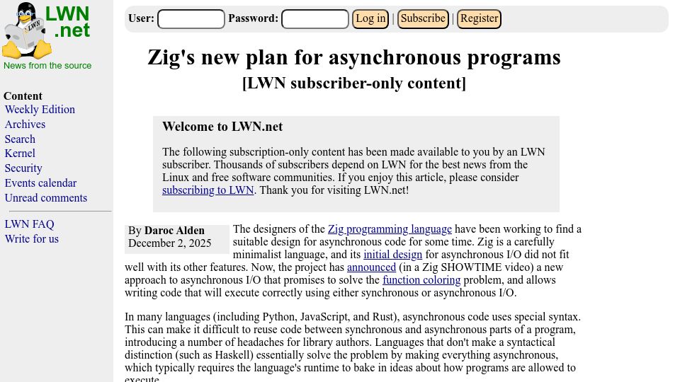 Screenshot of lwn.net: Zig's new plan for asynchronous programs
