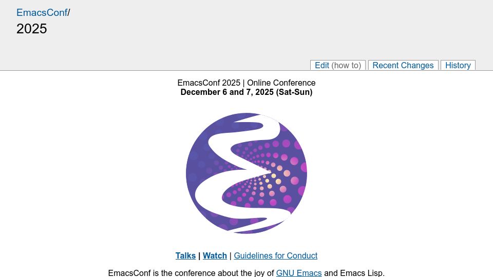 Screenshot of emacsconf.org: EmacsConf 2025