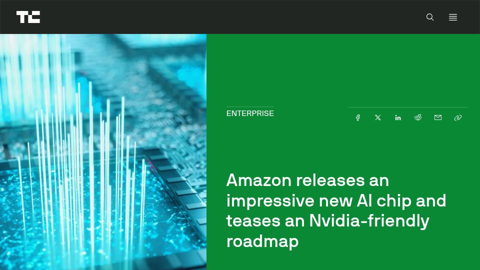 Screenshot of techcrunch.com: Amazon launches Trainium3