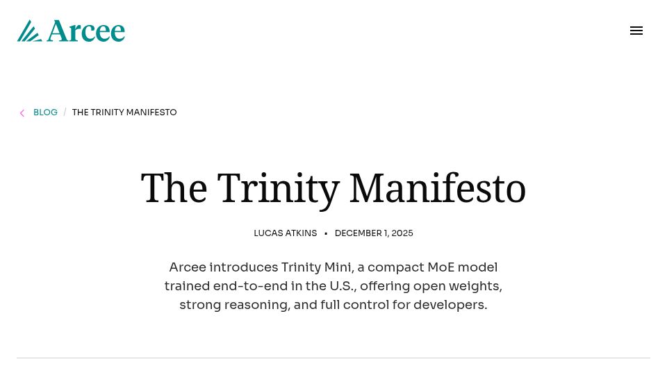 Screenshot of arcee.ai: Arcee Trinity Mini: US-Trained Moe Model