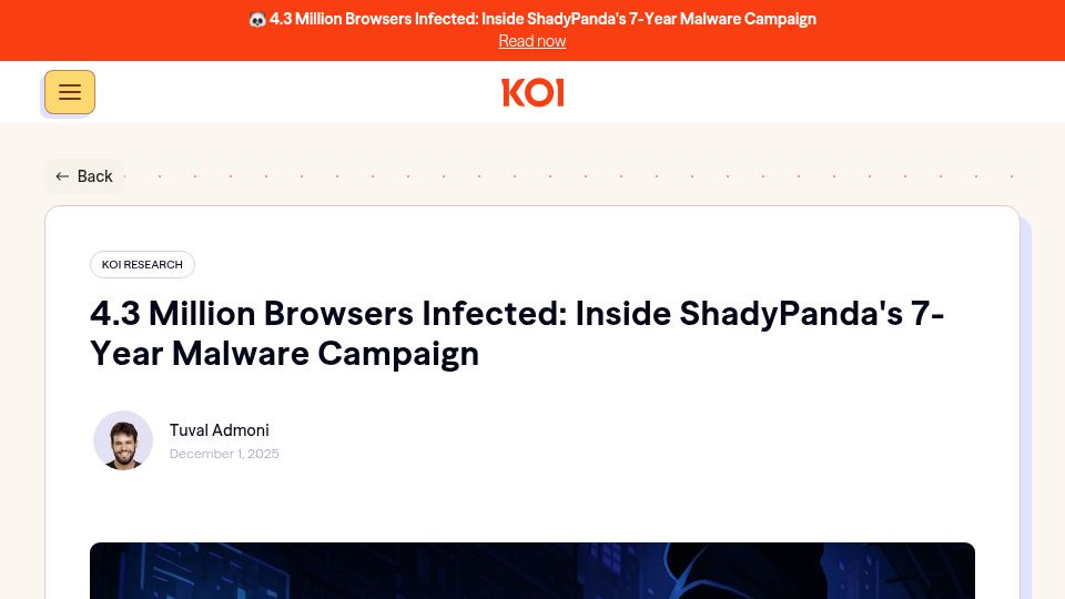 Screenshot of koi.ai: 4.3M Browsers Infected: Inside ShadyPanda's 7-Year Malware Campaign