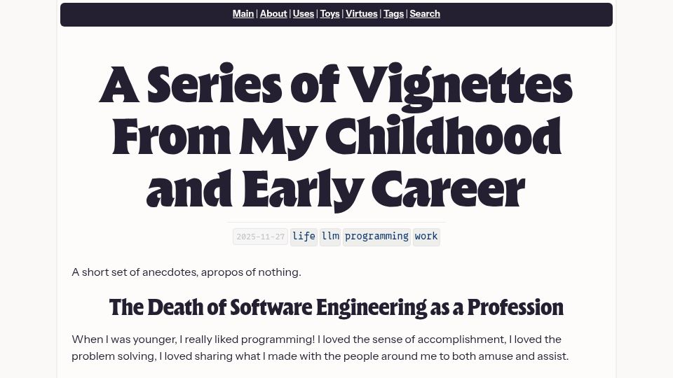Screenshot of jasonscheirer.com: A series of vignettes from my childhood and early career