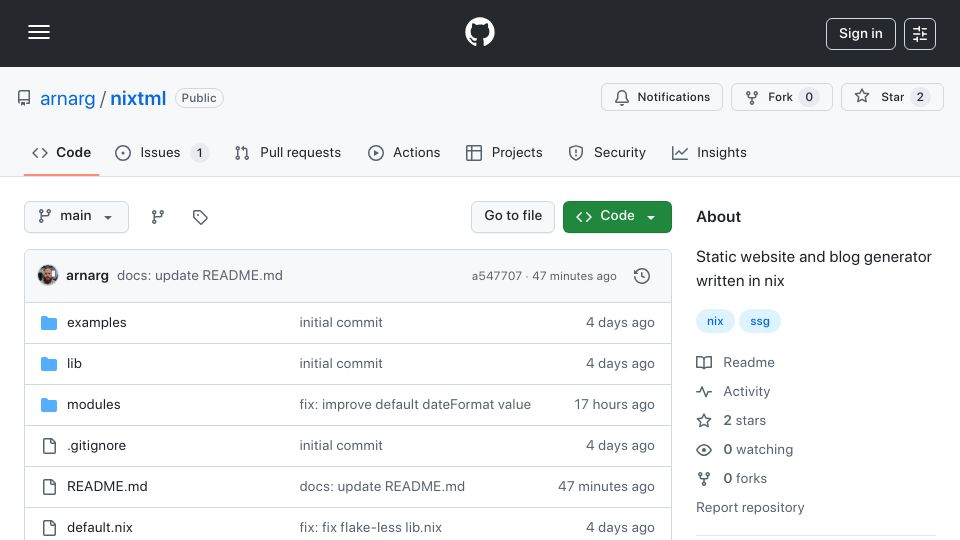 Screenshot of github.com: Nixtml: Static website and blog generator written in Nix