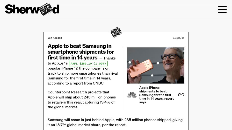 Screenshot of sherwood.news: Apple to beat Samsung in smartphone shipments for first time in 14 years