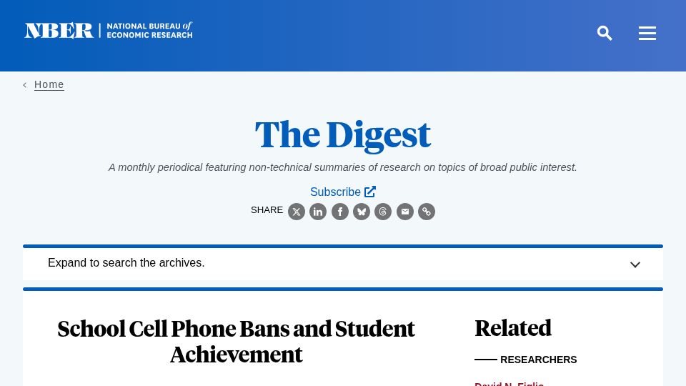 Screenshot of nber.org: School cell phone bans and student achievement