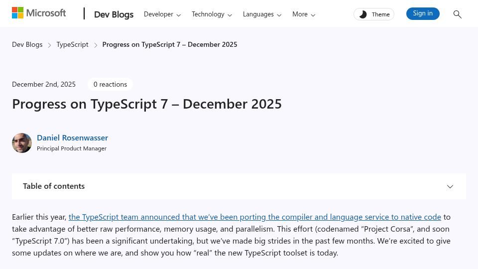 Screenshot of devblogs.microsoft.com: Progress on TypeScript 7 – December 2025