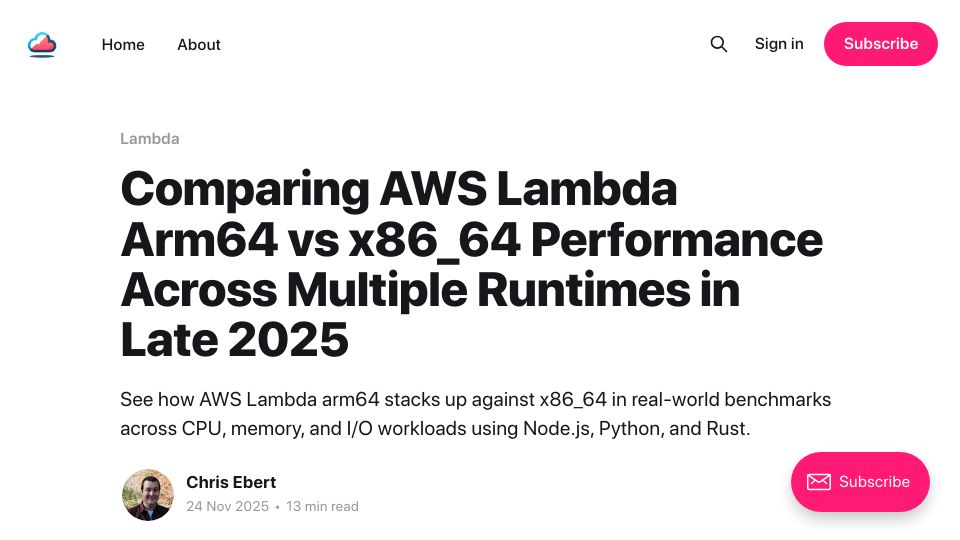 Screenshot of chrisebert.net: Comparing AWS Lambda ARM64 vs. x86_64 Performance Across Runtimes in Late 2025