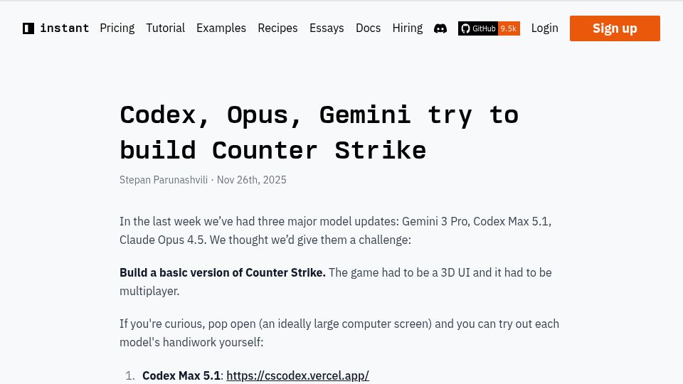 Screenshot of instantdb.com: Codex, Opus, Gemini try to build Counter Strike