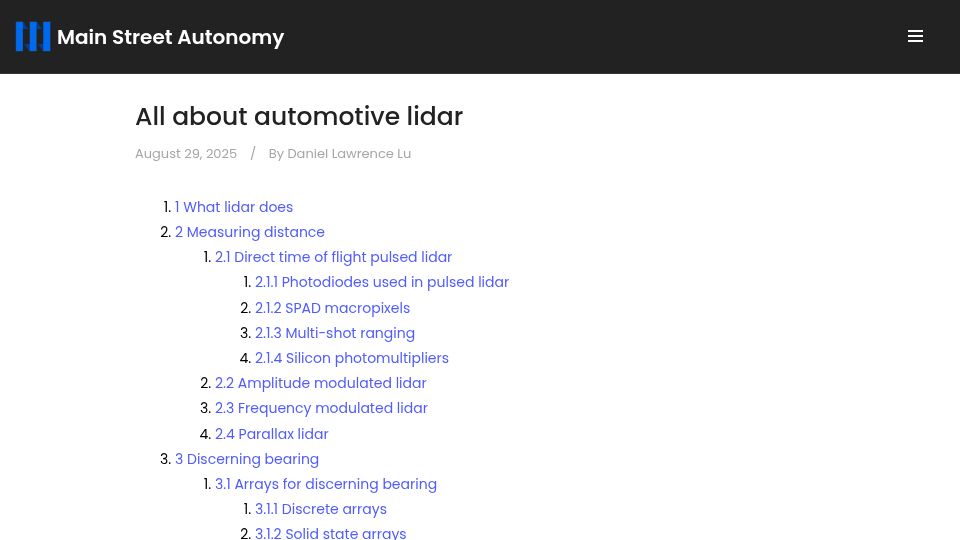 Screenshot of mainstreetautonomy.com: All about automotive lidar