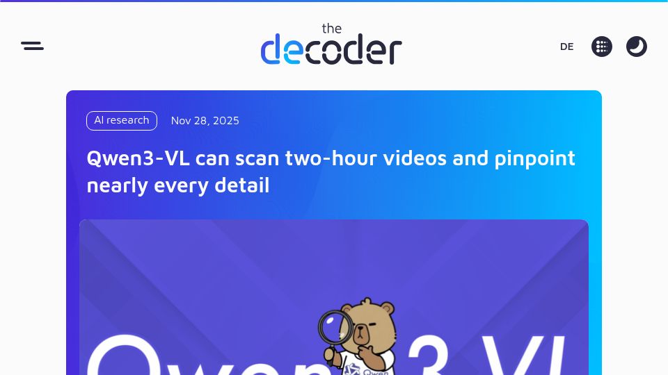 Screenshot of the-decoder.com: Qwen3-VL can scan two-hour videos and pinpoint nearly every detail