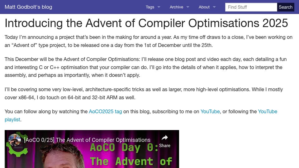 Screenshot of xania.org: Advent of Compiler Optimisations 2025