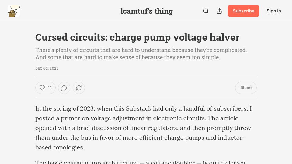 Screenshot of lcamtuf.substack.com: Cursed circuits: charge pump voltage halver