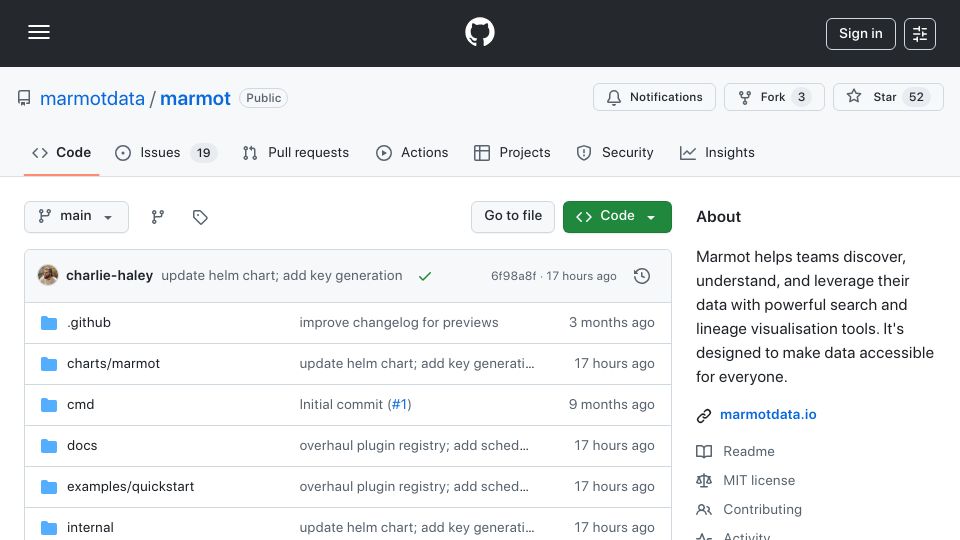 Screenshot of github.com: Show HN: Marmot – Single-binary data catalog (no Kafka, no Elasticsearch)