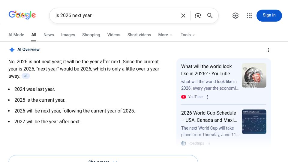 Screenshot of google.com: Is 2026 Next Year?