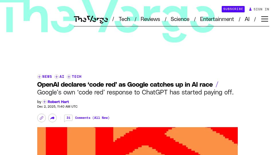 Screenshot of theverge.com: OpenAI declares 'code red' as Google catches up in AI race
