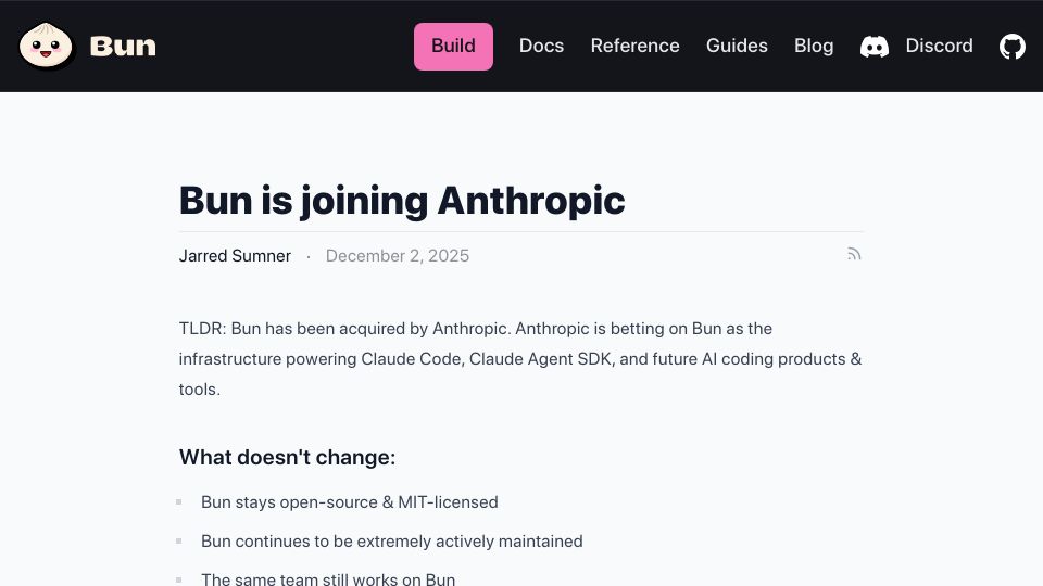 Screenshot of bun.com: Anthropic acquires Bun