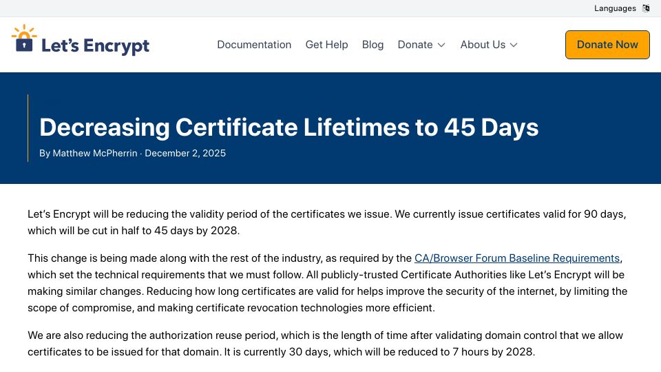 Screenshot of letsencrypt.org: Decreasing Certificate Lifetimes to 45 Days