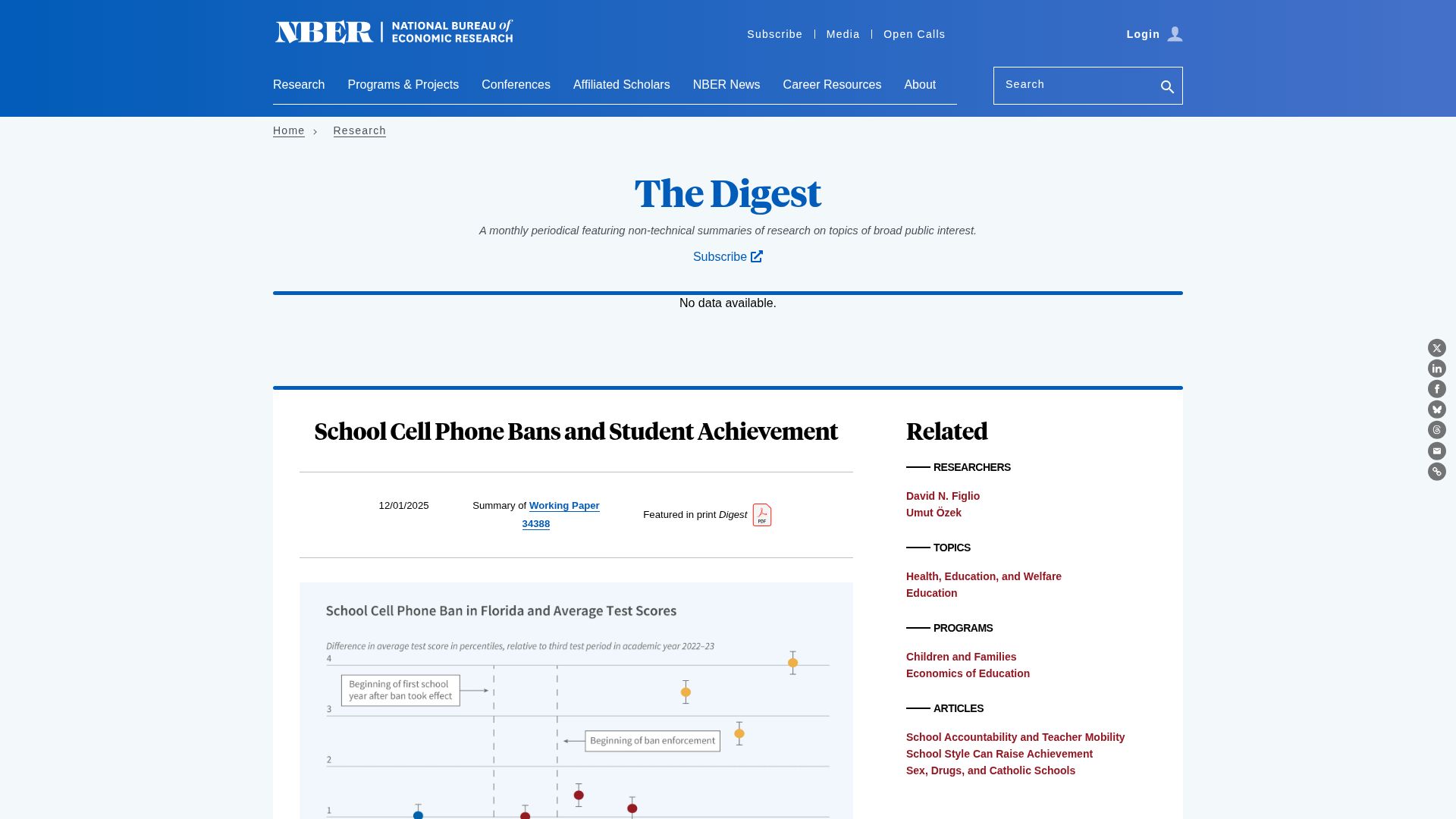 Screenshot of nber.org: School cell phone bans and student achievement