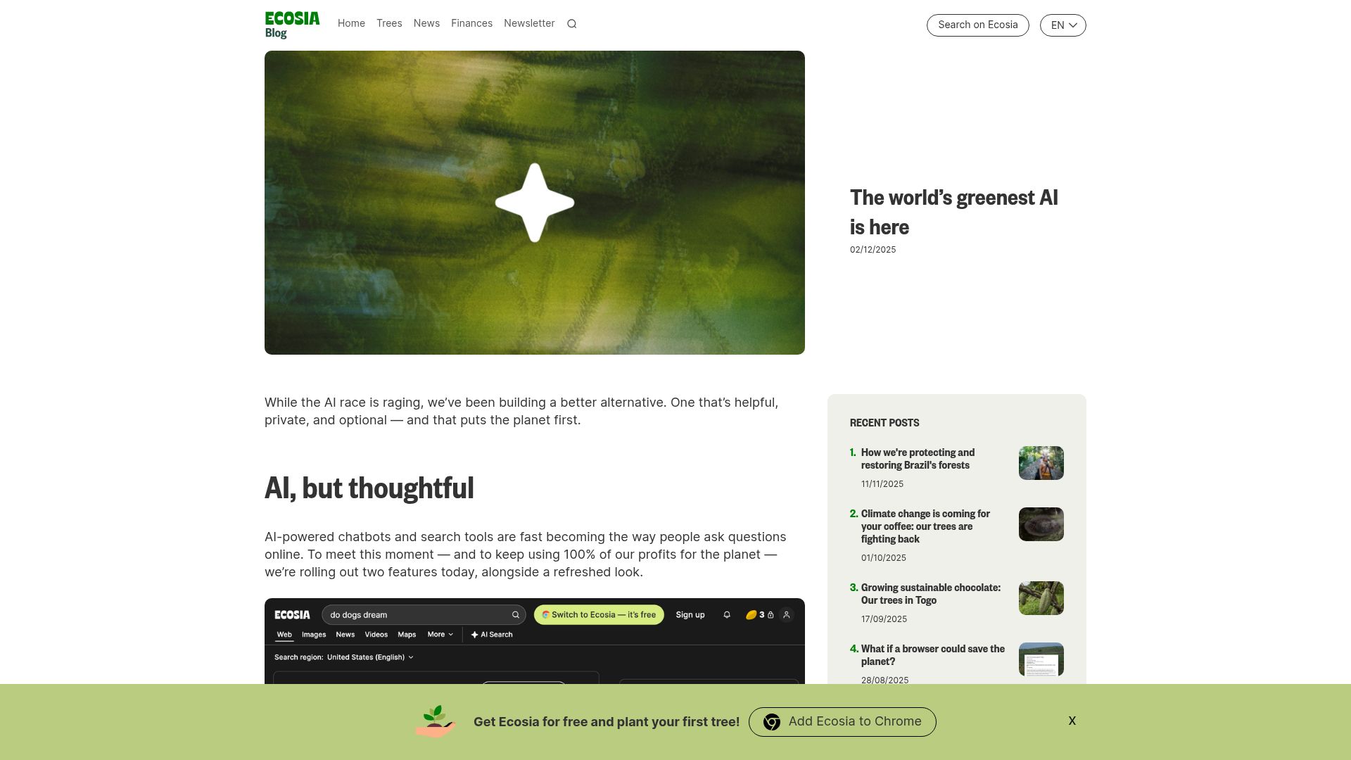 Screenshot of blog.ecosia.org: Ecosia: The greenest AI is here