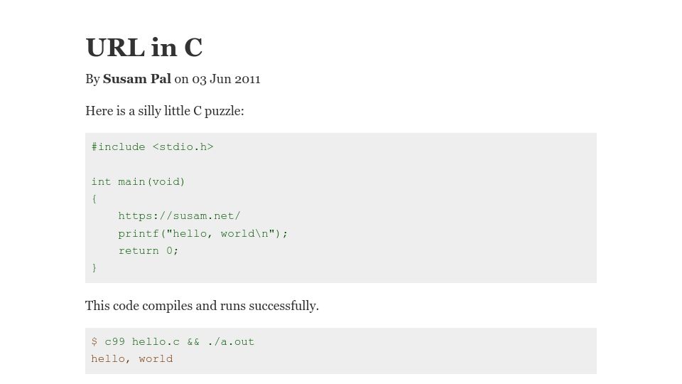 Screenshot of susam.net: URL in C (2011)