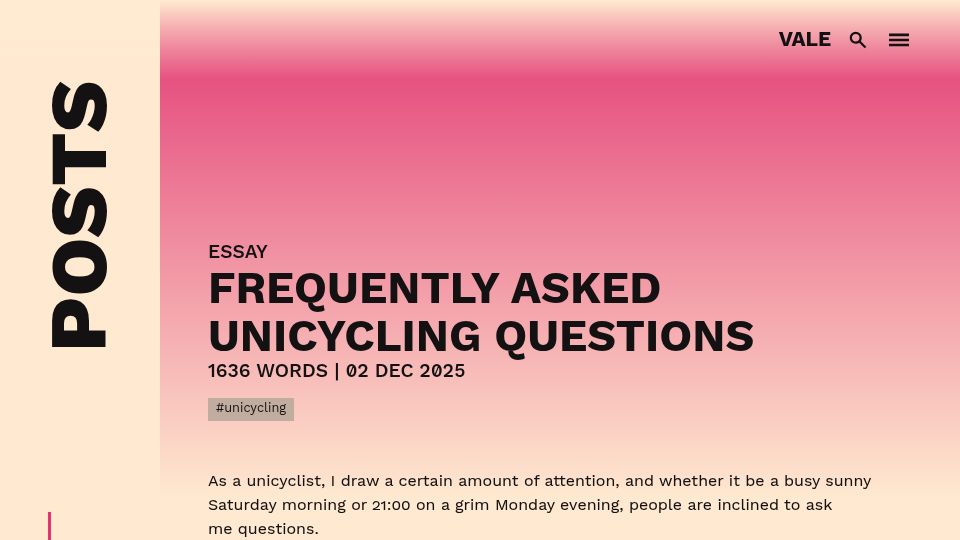 Screenshot of vale.rocks: Frequently Asked Unicycling Questions