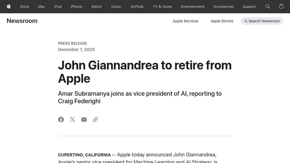 Screenshot of apple.com: John Giannandrea to retire from Apple
