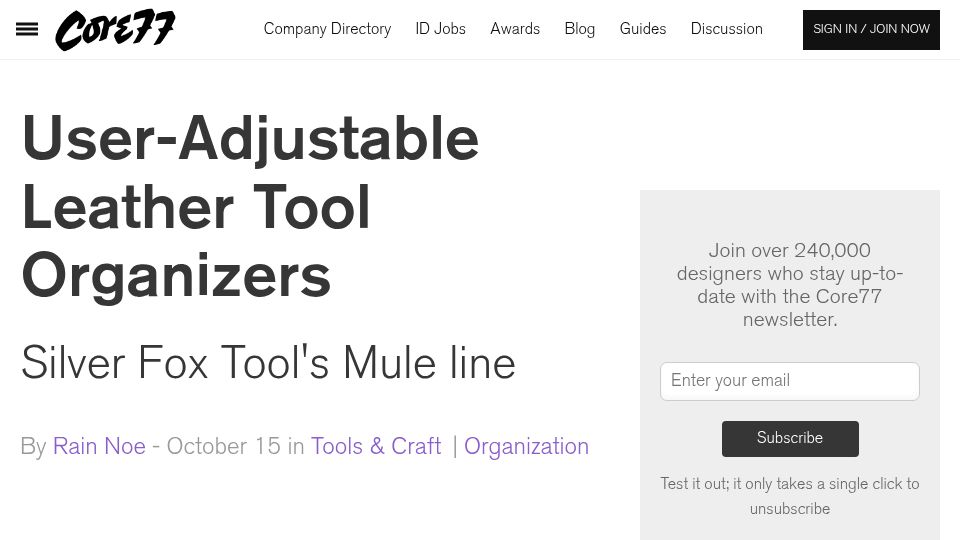 Screenshot of core77.com: User-Adjustable Leather Tool Organizers