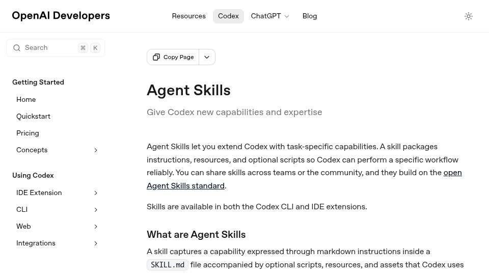 Screenshot of developers.openai.com: Skills Officially Comes to Codex