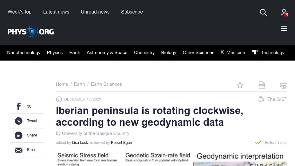 Screenshot of phys.org: Iberian peninsula is rotating clockwise