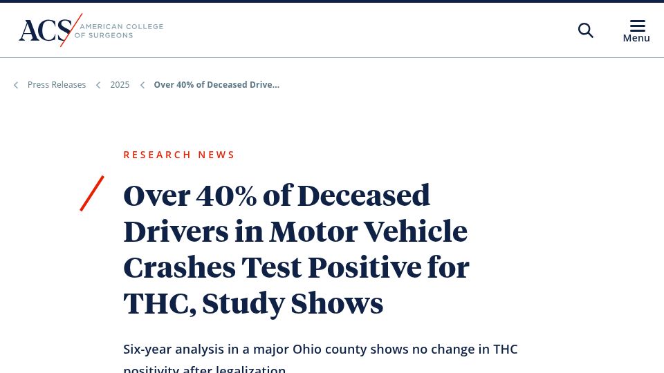 Screenshot of facs.org: Over 40% of deceased drivers in vehicle crashes test positive for THC: Study