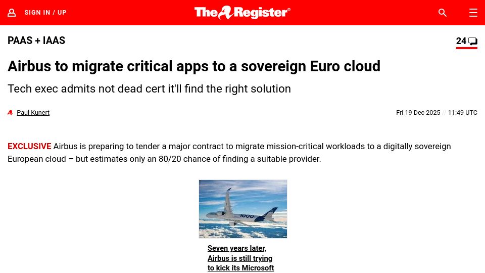 Screenshot of theregister.com: Airbus to migrate critical apps to a sovereign Euro cloud
