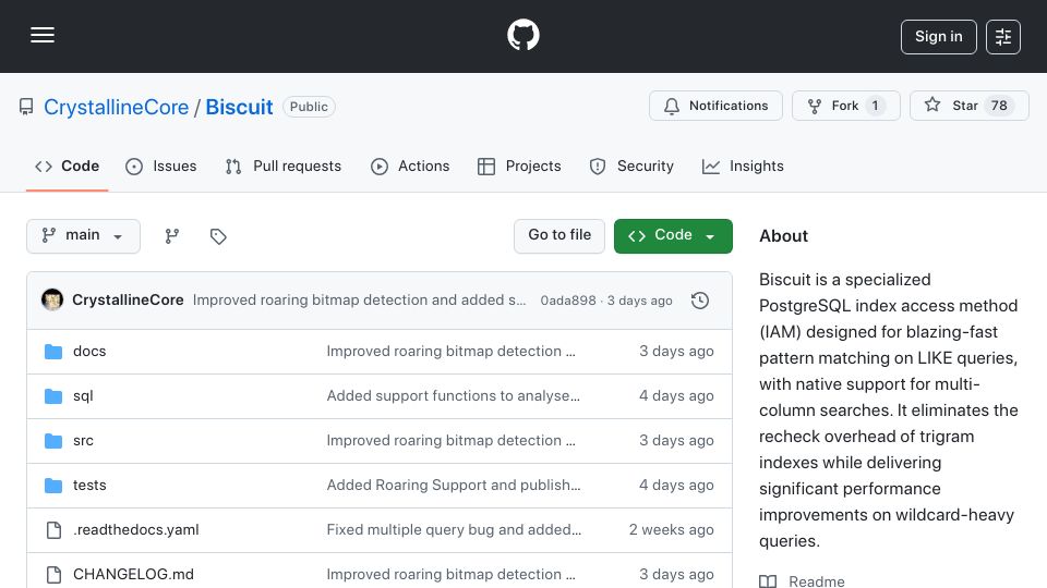 Screenshot of github.com: Biscuit is a specialized PostgreSQL index for fast pattern matching LIKE queries