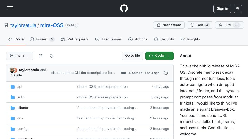 Screenshot of github.com: MIRA – An open-source persistent AI entity with memory