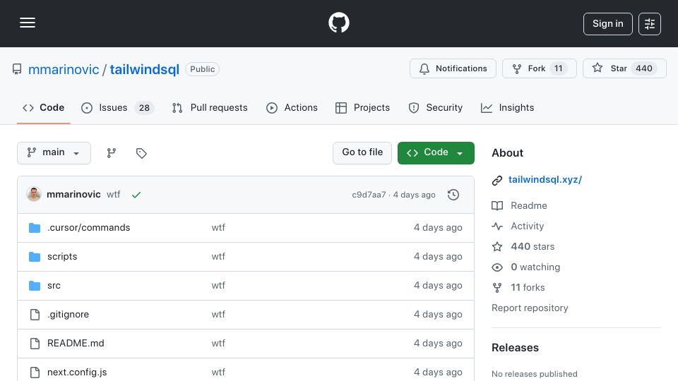 Screenshot of github.com: TailwindSQL – Like TailwindCSS, but for SQL queries in React Server components